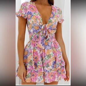 🩷 Selfie Leslie Floral Tie Front Mini Dress | XS | Cottagecore Boho Ruffle | NWT